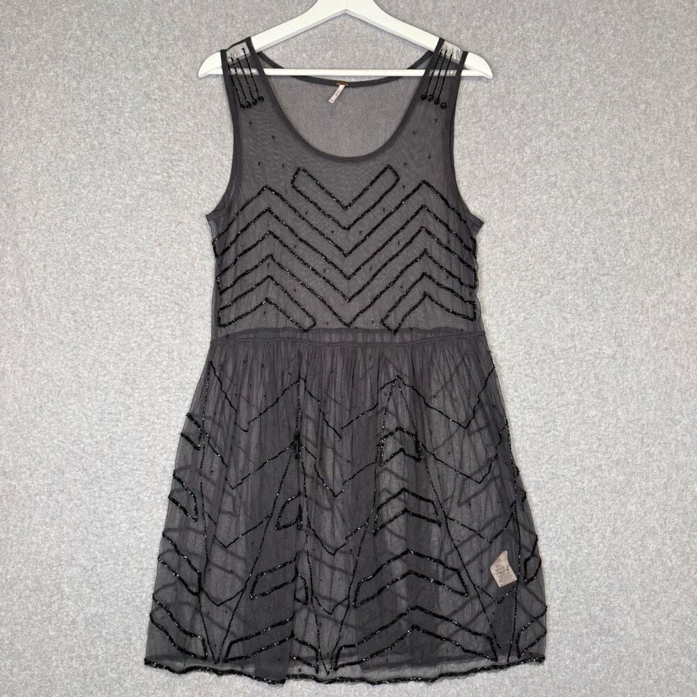Free People Women's Medium Gray Sleeveless Embellished Mini Dress Beaded